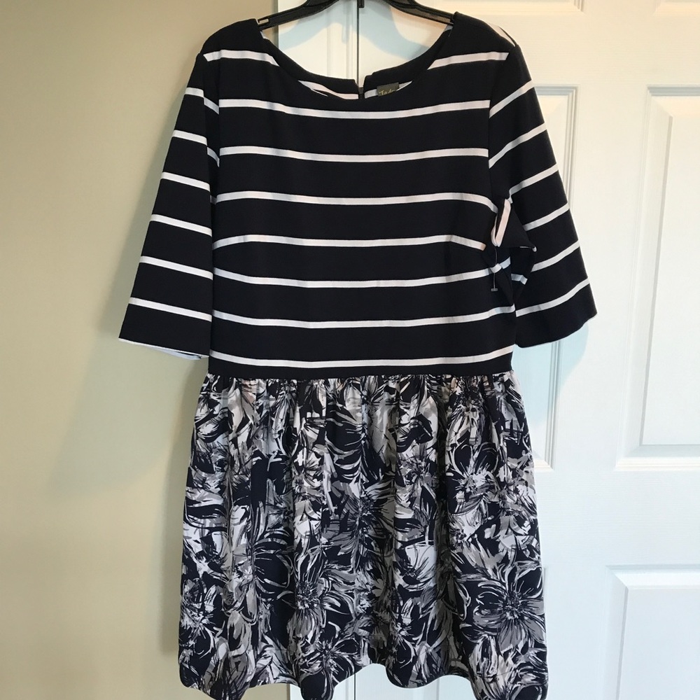 Taylor Dresses Navy and White Striped Top Floral Skirt Dress